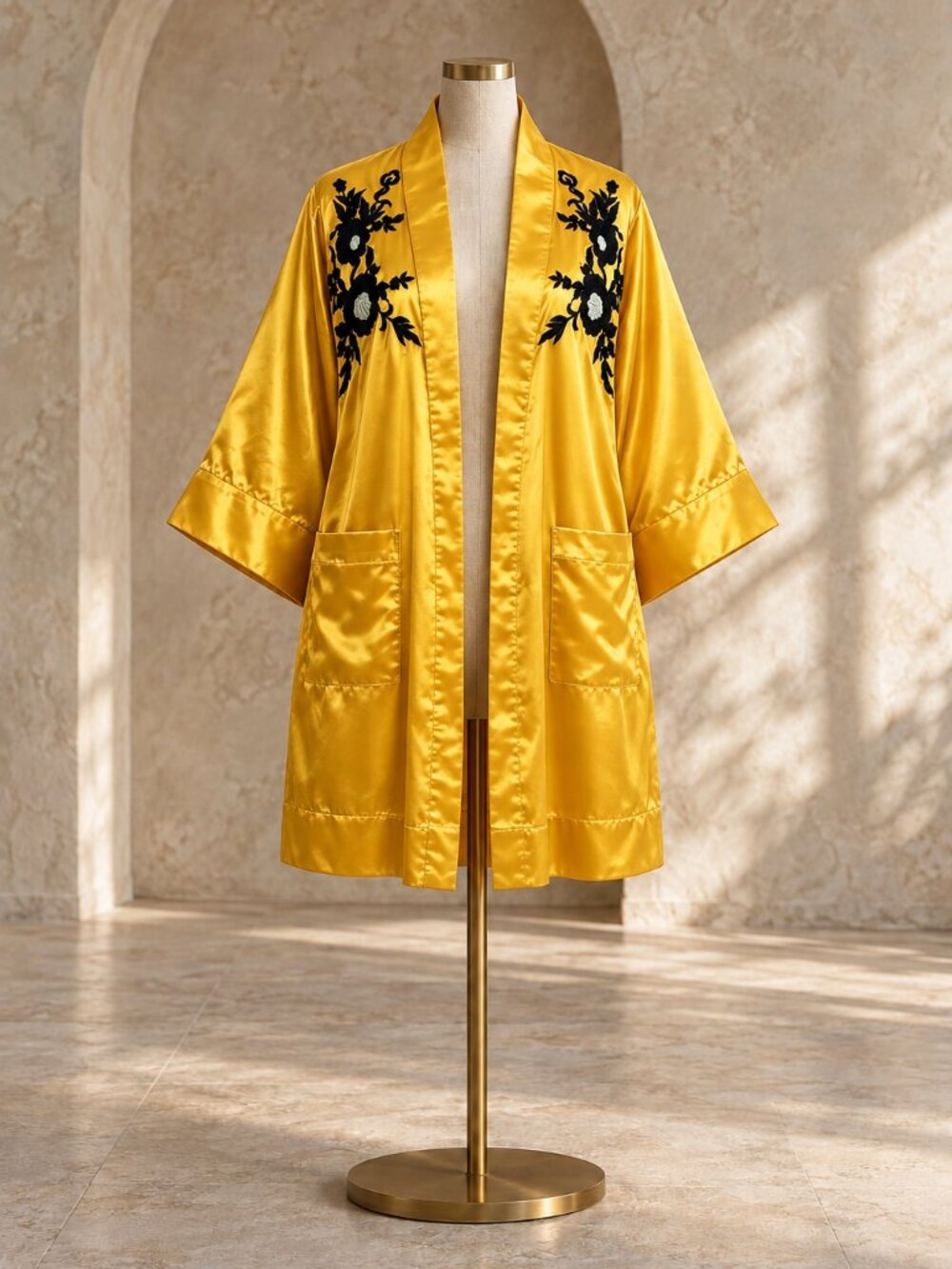 $120 TOPSHOP Luxe Yellow Satin Floral Embroidered Kimono Duster Robe - US 6